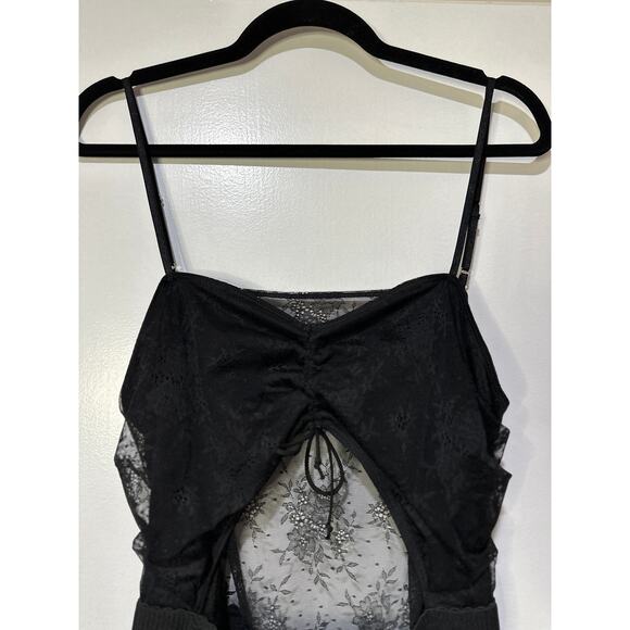 For Love & Lemons Poison Ruched Black Dress Size 1X NWT Stretch Jacquard Lace - Picture 3 of 15